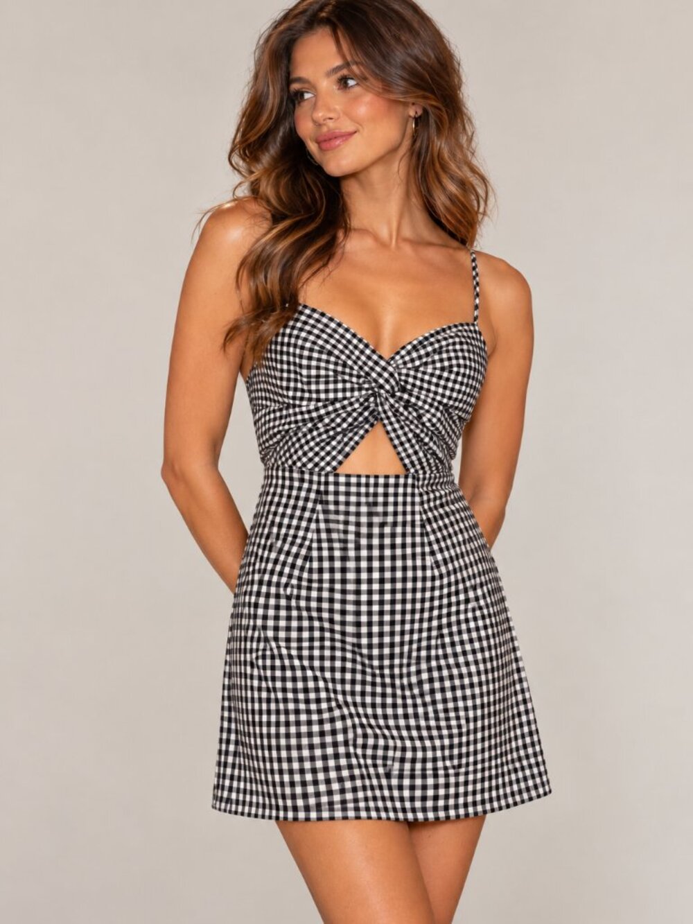 Superdown Black White Gingham Cutout Twist-Front Mini Dress Size S